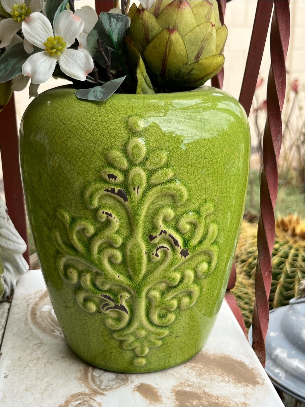 Green Ceramic Decorative Vase with Embossed Scroll Design